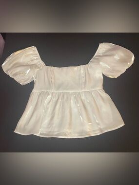 Sheer White Puff Sleeve Peplum Top - Women's Sz Lg fairy puff sleeve